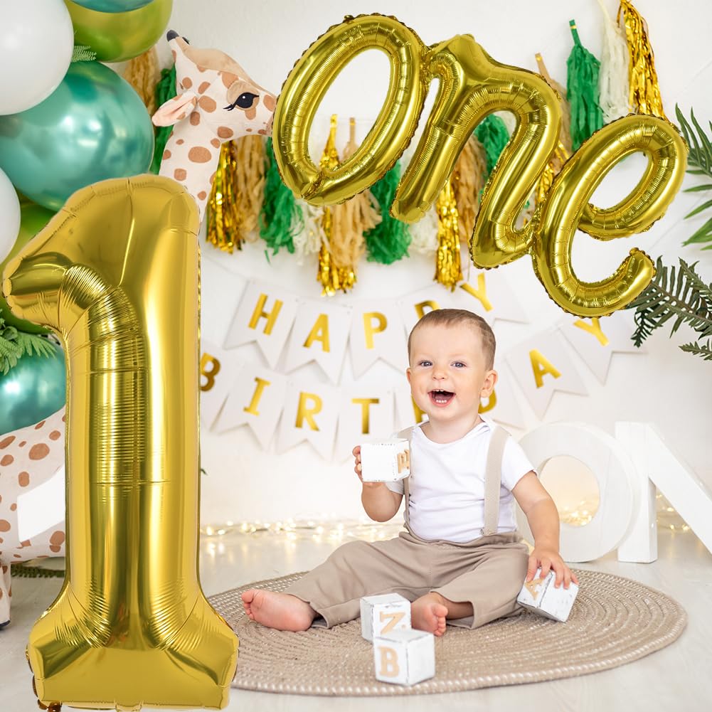 TONIFUL 40 Inch Giant Gold Number 1 Balloon,Mylar Foil Script Cursive Letter 1 Balloon Banner for Boys Girls Kids First Birthday