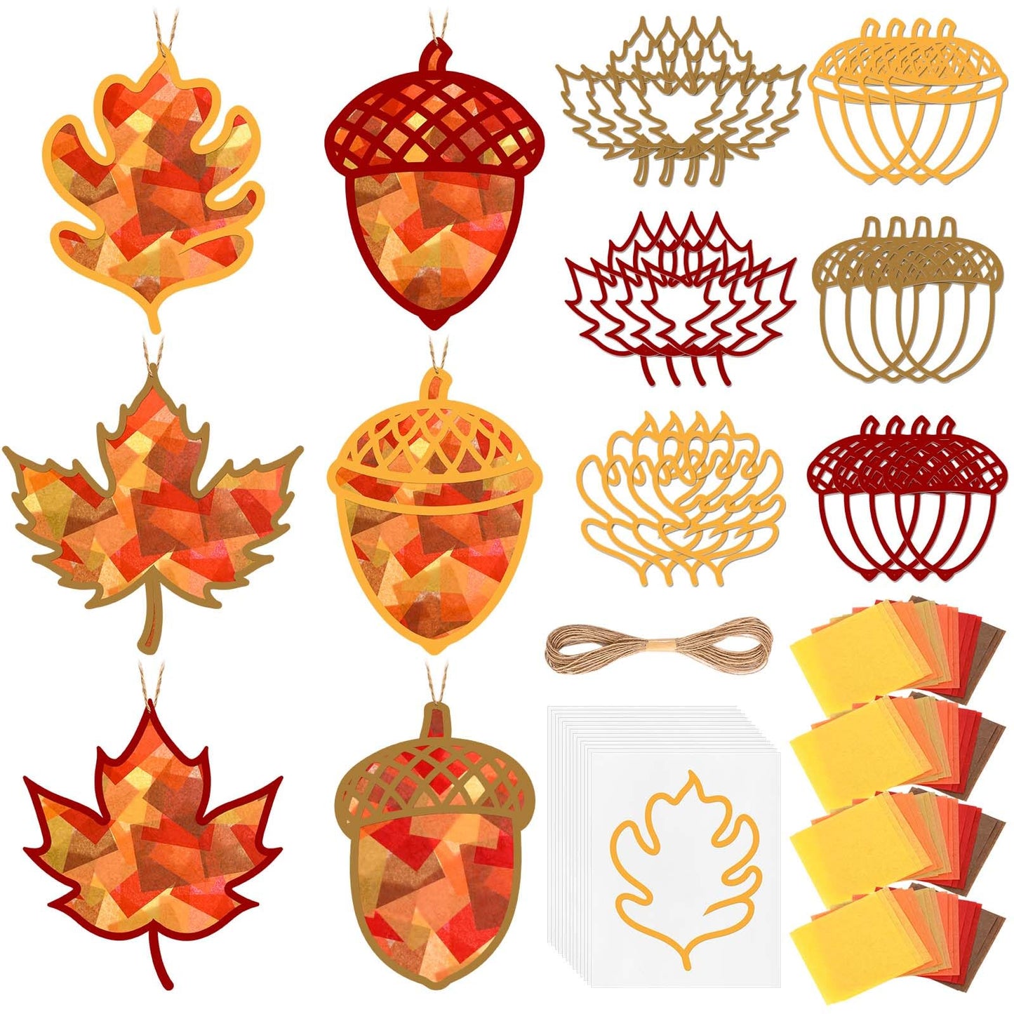 24 Sets Fall Maple Acorn Crafts Kit DIY Tissue Paper Suncatcher Kit Stained Glass Effect Decoration for Autumn Thanksgiving Scho