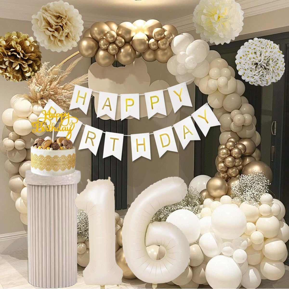 Sweet 16 Birthday Decorations, White And Gold 16Th Birthday Decorations For Girls Boy 16Th Happy Birthday Banner Tablecloth Frin
