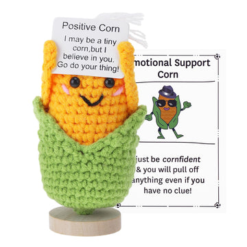 Grevosea Mini Funny Positive Corn, 3 Inch Positive Corn Crochet With Wood Base Cute Wool Funny Knitted Positive Corn Doll Cheer Up Gifts For New Year Birthday Friends Party Decoration Encouragement