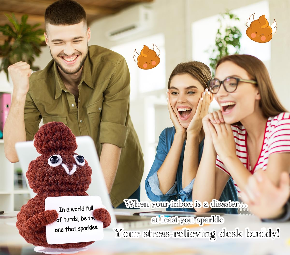 IYOOCSS Positive Crochet Poop Stuffed Animal Weird Things Funny Gag Gifts for mature-themed Friends Sister  Brother Women Husband Office Decor (Reddish Brown Poo)