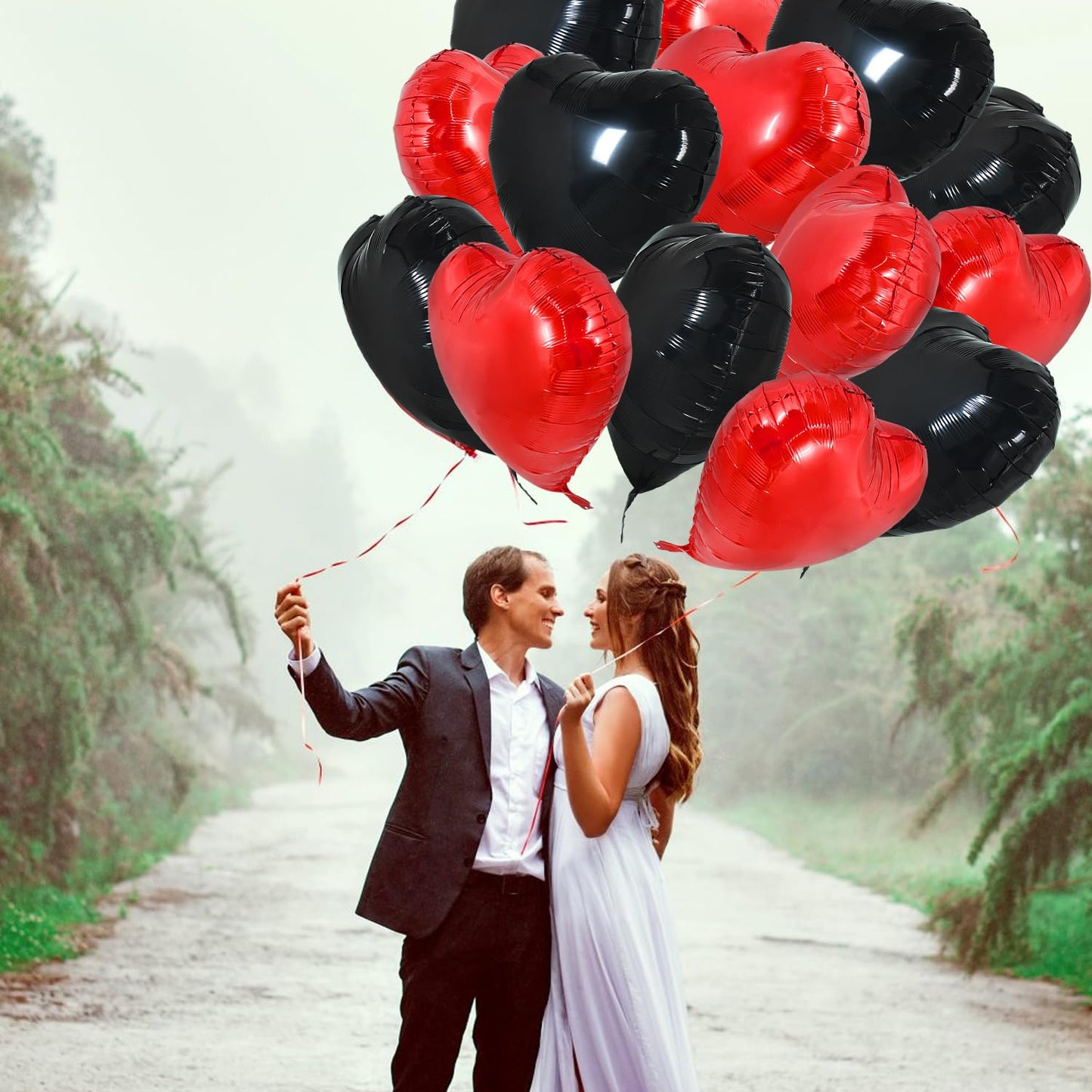 TONIFUL 30Pcs 18 Inch Red Black Heart Balloons Valentines Day Heart Shape Foil Mylar Balloons Decoration for Romantic Valentine