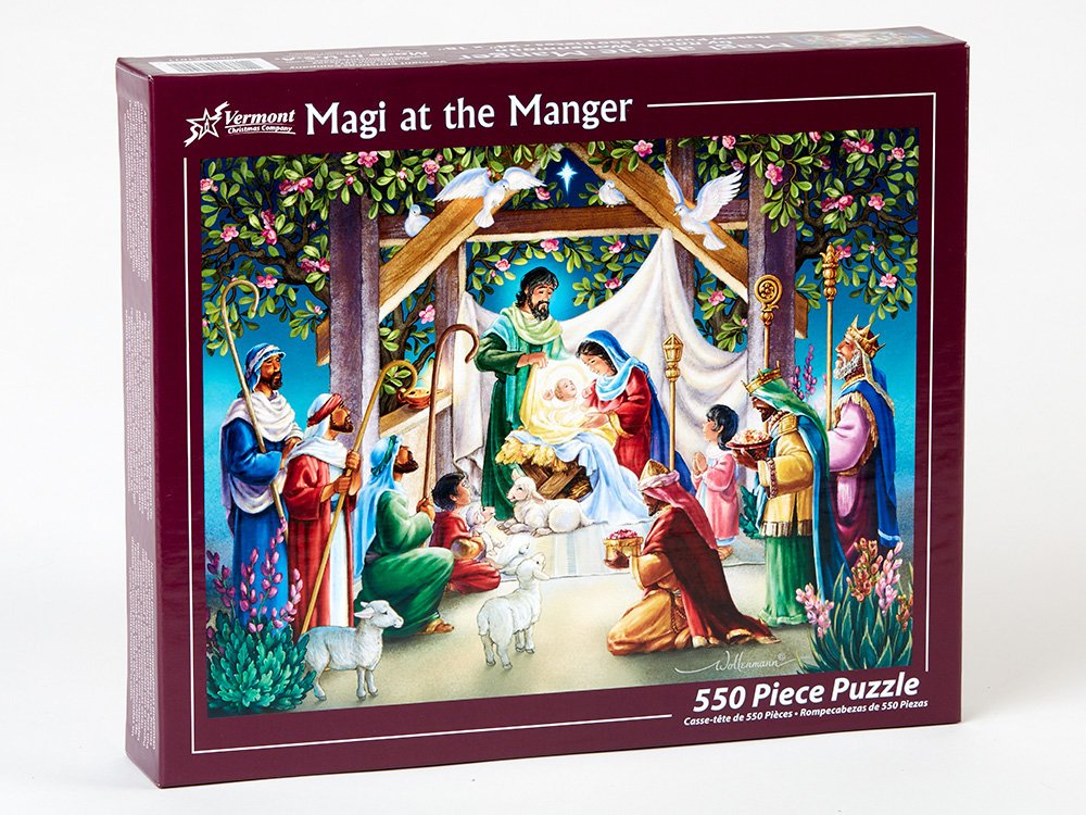 Magi At The Manger Jigsaw Puzzle 550 Piece By Vermont Christmas Company - 24'X18'- Fully Interlocking & Randomly Shaped Pieces
