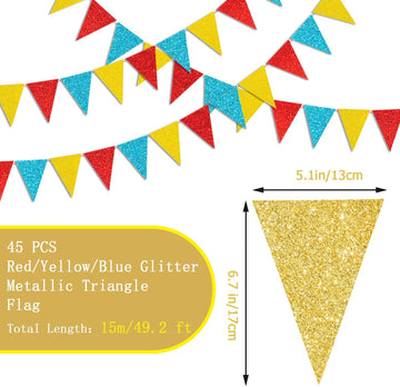 45 Pieces Colorful Pennant Flags - 49Ft Carnival Theme Party Garland Banner Yellow Blue Red Glitter Paper Pennant Triangle Bunti
