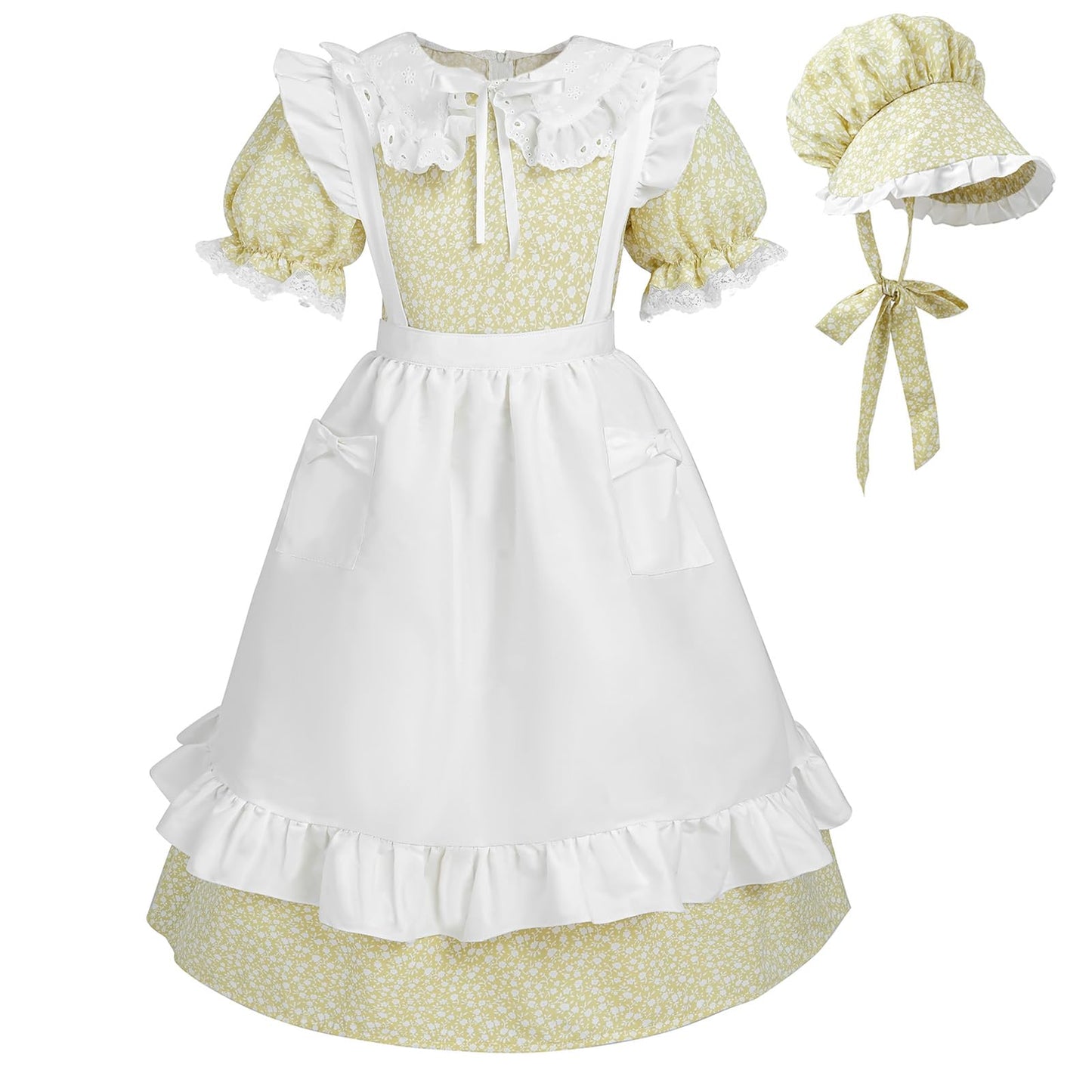 Ltakk Pioneer Dress Girls Colonial Costume Prairie Pilgrim Girl Dresses With Ruffled Pinafore, Olive Yellow, Medium, Age Over 4
