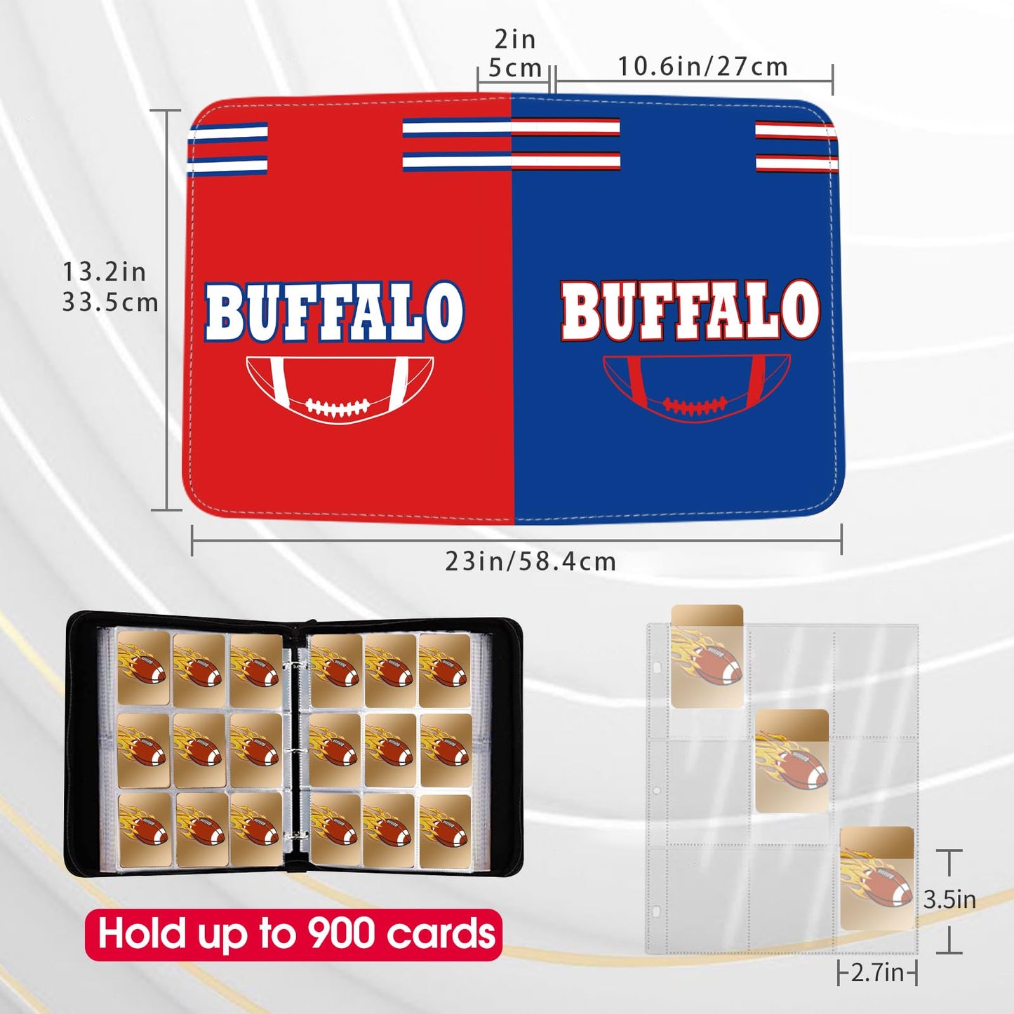 Football Card Binder With Sleeves 900 Pocket, Buffalo Football Card Holder For Trading Cards Sports Card 3 Ring Binder Folder Fo