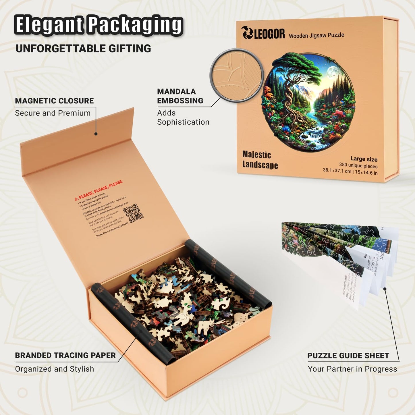 Majestic Landscape - 350 Piece Wooden Puzzles for mature-themeds - 15 x 14.6 in - Extra-Thick 5 mm Wood Puzzle  Hand-Shaped Pieces  Round Mosaic Design - enhanced Gift for Puzzle Lovers by LEOGOR