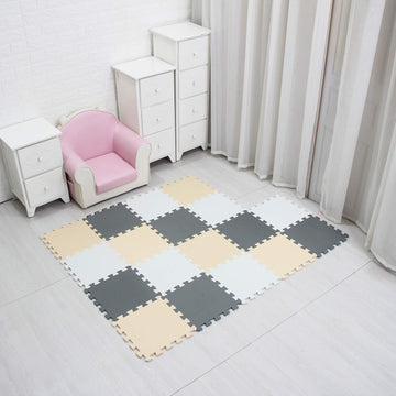 Mqiaoham Children Puzzle Mat Play Mat Squares Play Mat Tiles Baby Mats For Floor Puzzle Mat Soft Play Mats Girl Playmat Carpet Interlocking Foam Floor Mats For Baby White Beige Grey 101110112