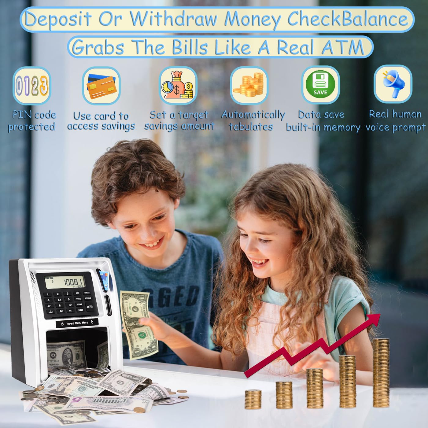 2025 Upgraded Atm Piggy Bank For Real Money, Talking Atm Bank For Kids, Money Bank With Card, Password, Coin Recognition, Bill F
