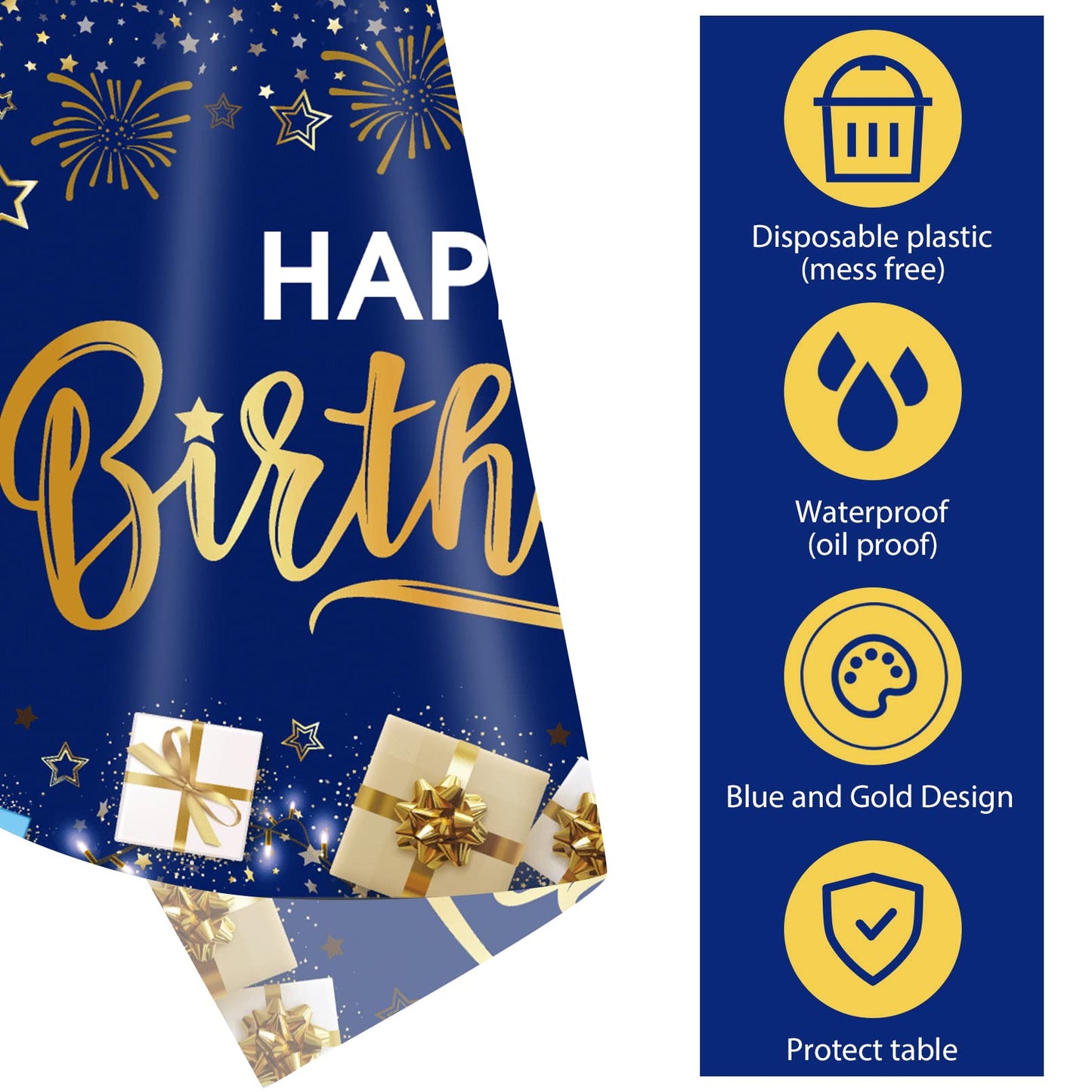 DUAIAI Happy Birthday Decorations, 3 Pcs Navy Blue and Gold Birthday Tablecloth for Boys Girls Men Women, Plastic Disposable Rec