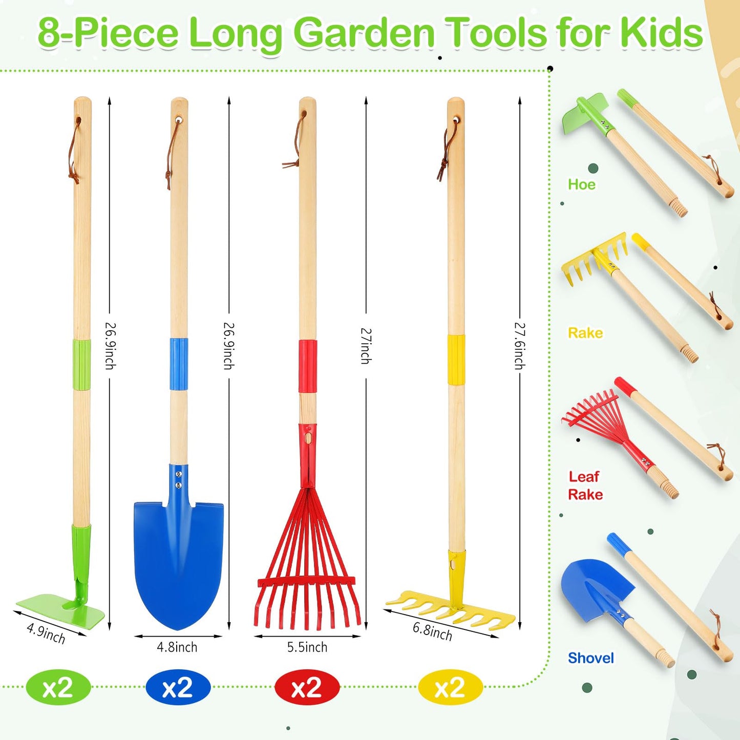 Motionchic 16 PCS Kids Gardening Tools, Long Shovel, Rake for Leaves, Spade, Hoe, Steel Heads and Real Wood Handle, Yard Tools f