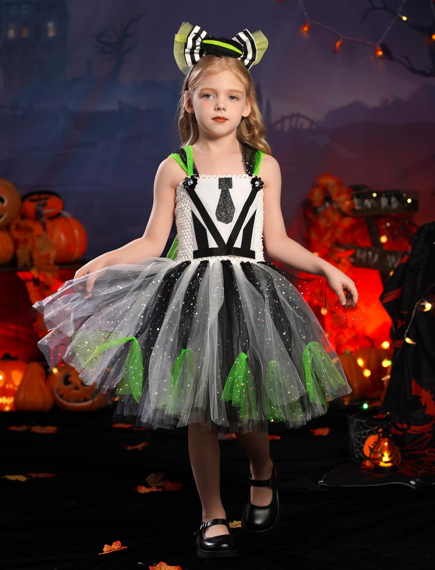 Obeeii Kids Girls Halloween Costume Black White Stripe Tulle Tutu Dress With Headband Set Carnival Fancy Dress Black White Strip