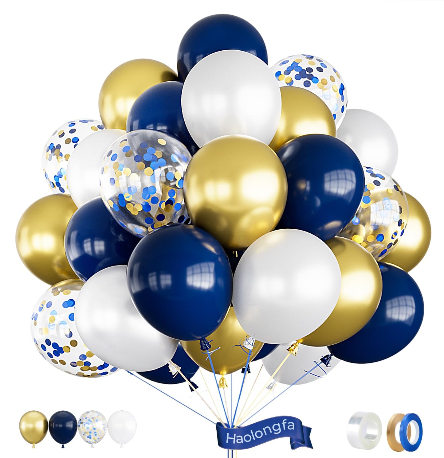 Haolongfa Navy Blue And Gold Confetti Balloons,12 Inch 60Pcs Pearl White And Metallic Gold Latex Balloons For Graduation,Birthda