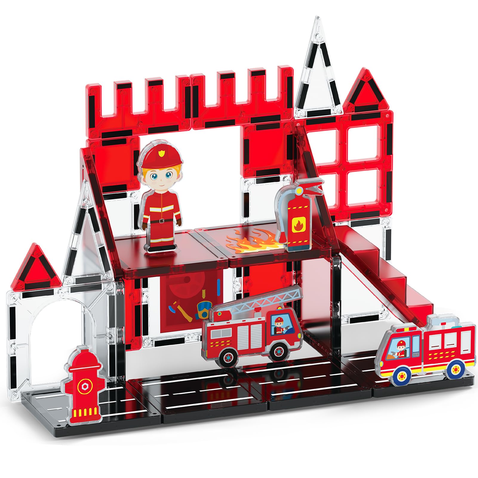Xiapia Magnetic Tiles Firefighter Theme, Magnetic Tiles For Kids Ages 4-8, Fire Station Magnetiles For Kids 3-5, Travel Magnet B