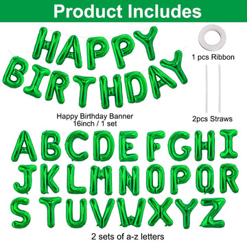 Toniful 65 Pcs 16 Inch Green Happy Birthday Balloons And 2 Sets A-Z Foil Letters Balloons Diy Personalized Phrase Banner For Bir