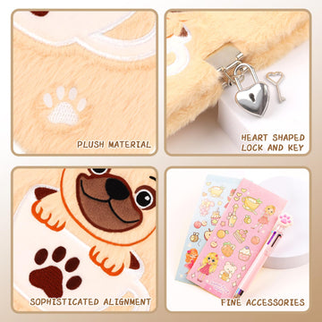 French bulldog Diary with Lock,Fluffy Dog Diary for 6 7 8 Year Old Girl,Kids Journal Notebook Gift Set with Multicolored Pen,Plu