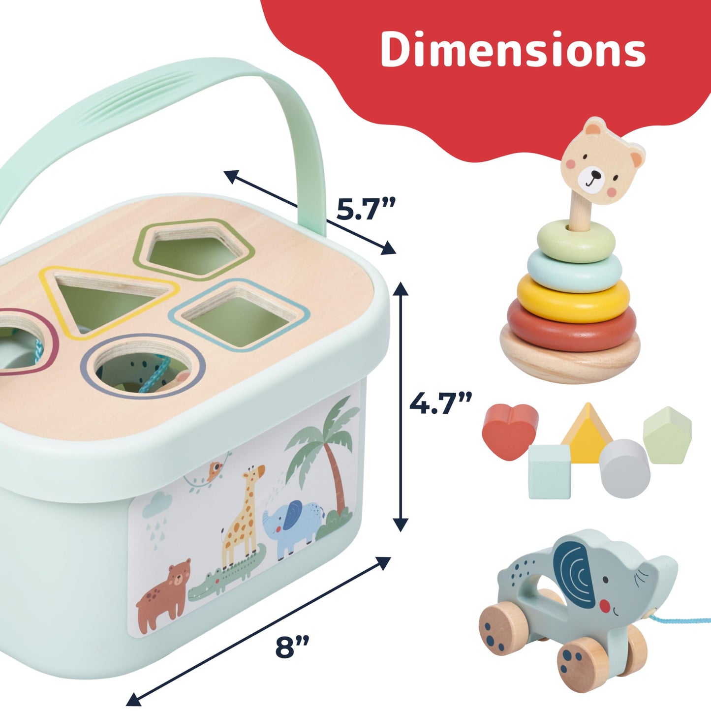 Prextex 3-In-1 Wooden Sorting And Stacking Toys - Includes 3D Shapes Sorting Box, 5 Stacking Rings With Bear, Elephant With Whee