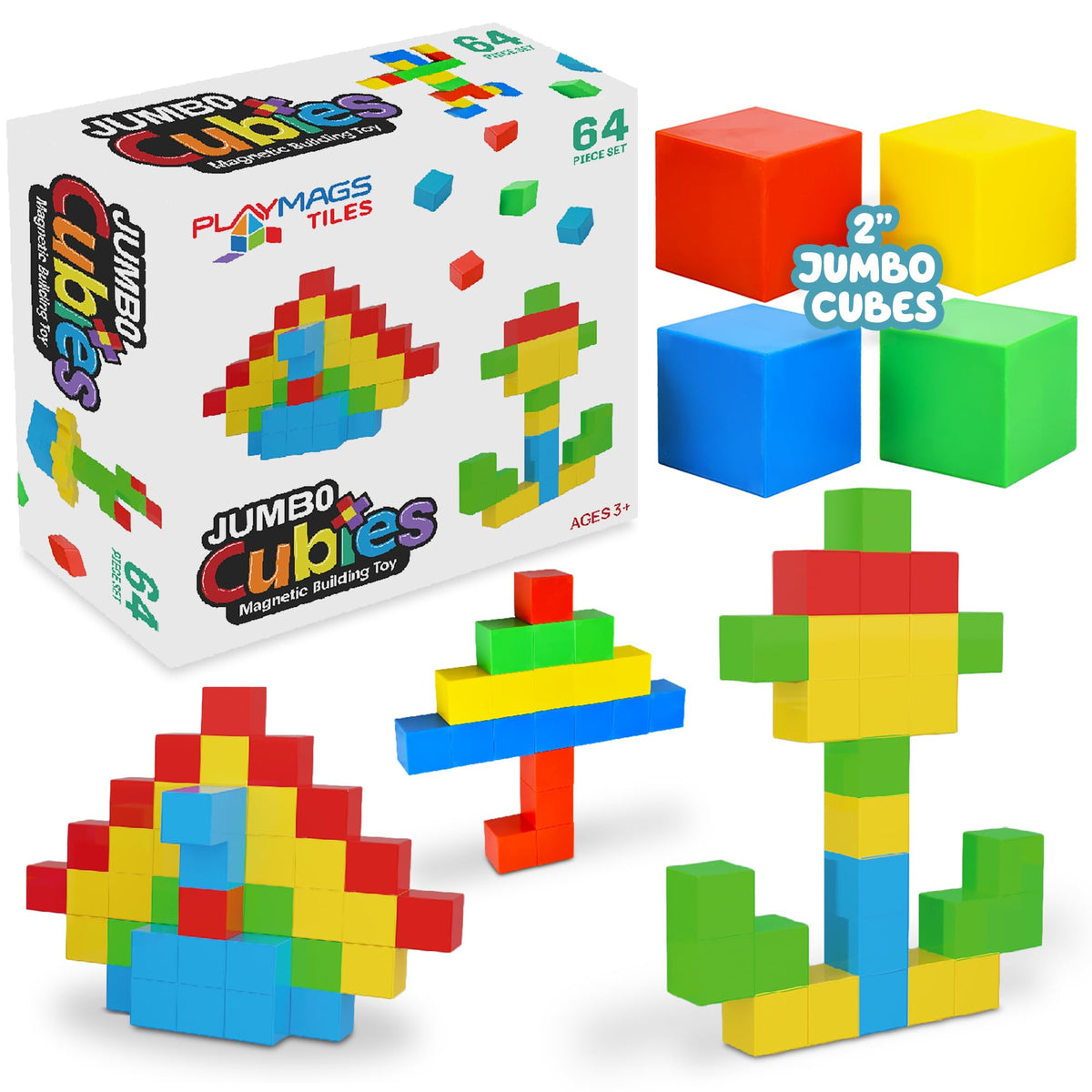 Playmags Jumbo Cubies Magnetic Blocks Building Toy, 64pc 2Inch Magnet Cubes STEM Toys for Toddler & Kids, Preschool, Educationa
