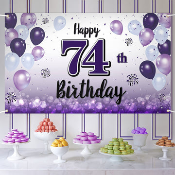 LASKYER Happy 74th Birthday Decorations,74th Purple Balloon Large Birthday Banner Backdrop Sign,74 Years Old Bday Party Supplies