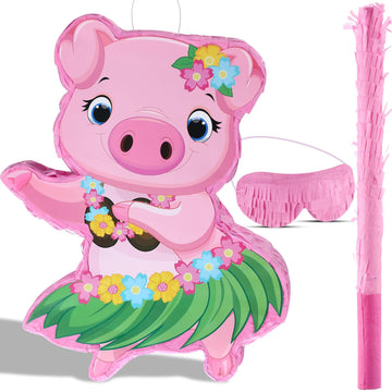 Threan Small Pig Piñata Hawaiian Party Decorations Pink Pig Piñata With Blindfold Stick For Summer Hawaii Aloha Tropical Themed Birthday Party Supplies, 16.5 X 12.4 X 3.1 Inch