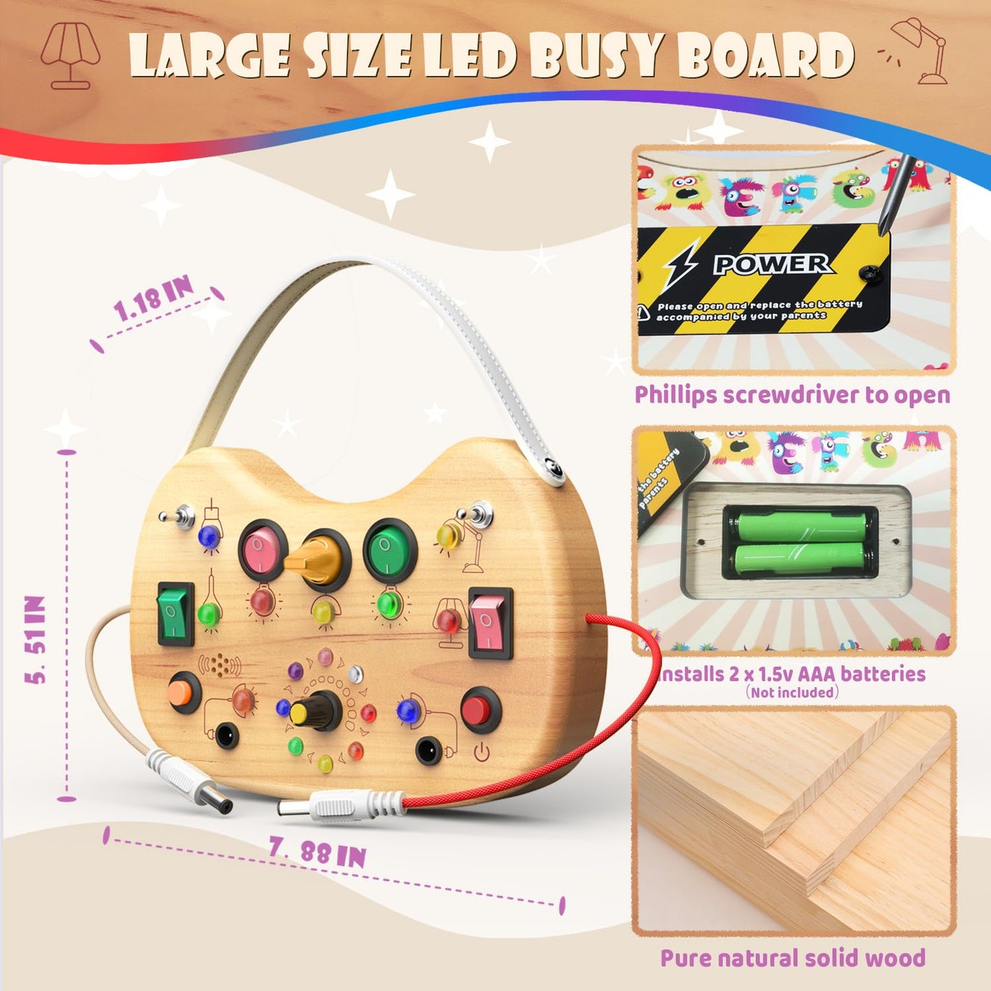 Udouto Wooden Led Light Switch Busy Board Toys, Montessori Toddler Busy Board Ages 1-3, Autism Sensory Products Travel Essential