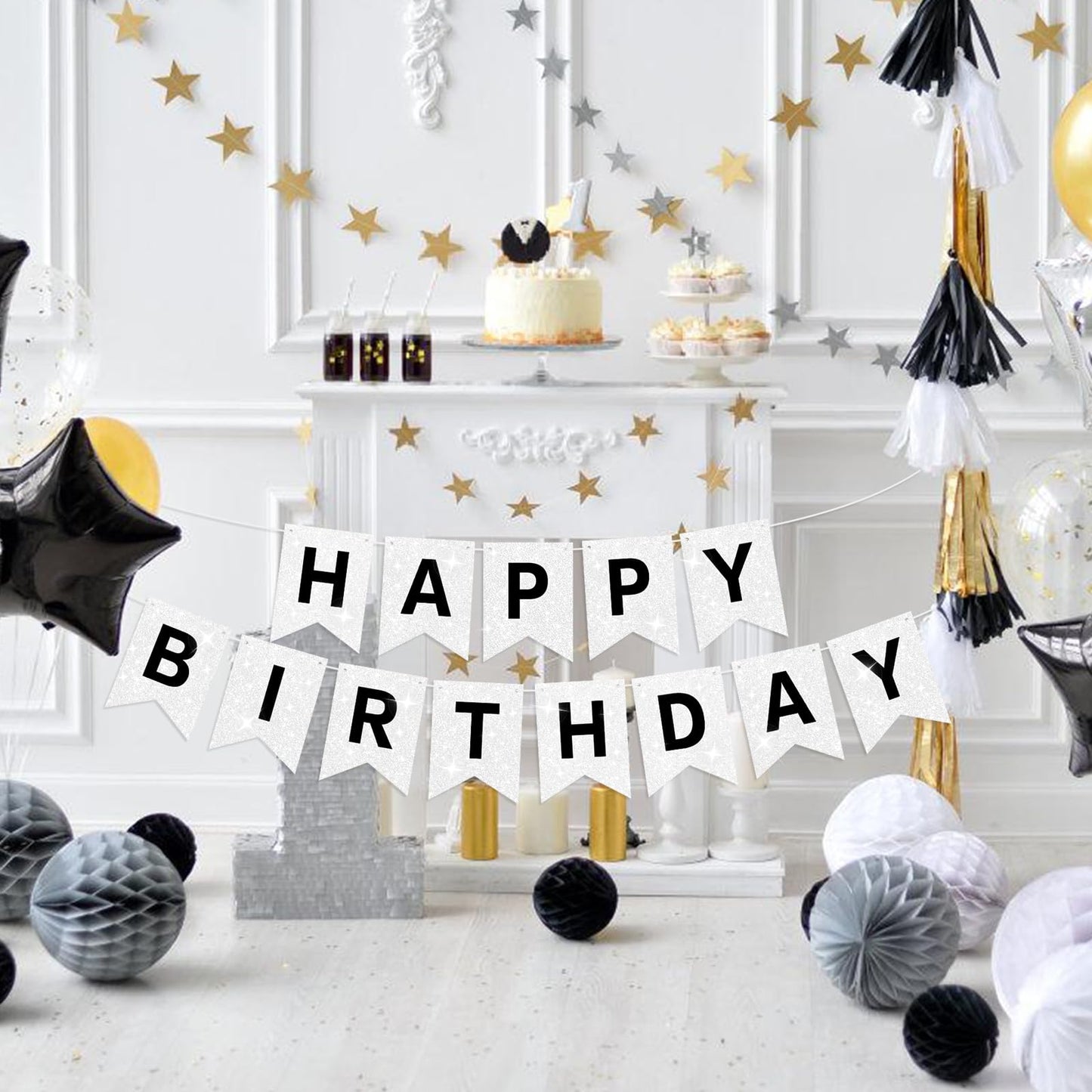 White Happy Birthday Banner Glitter Birthday Sign For Backdrop White Birthday Decorations For Kids Men Women Baby 1St Birthday Tea Party Bunting Banner Happy Birthday Garland