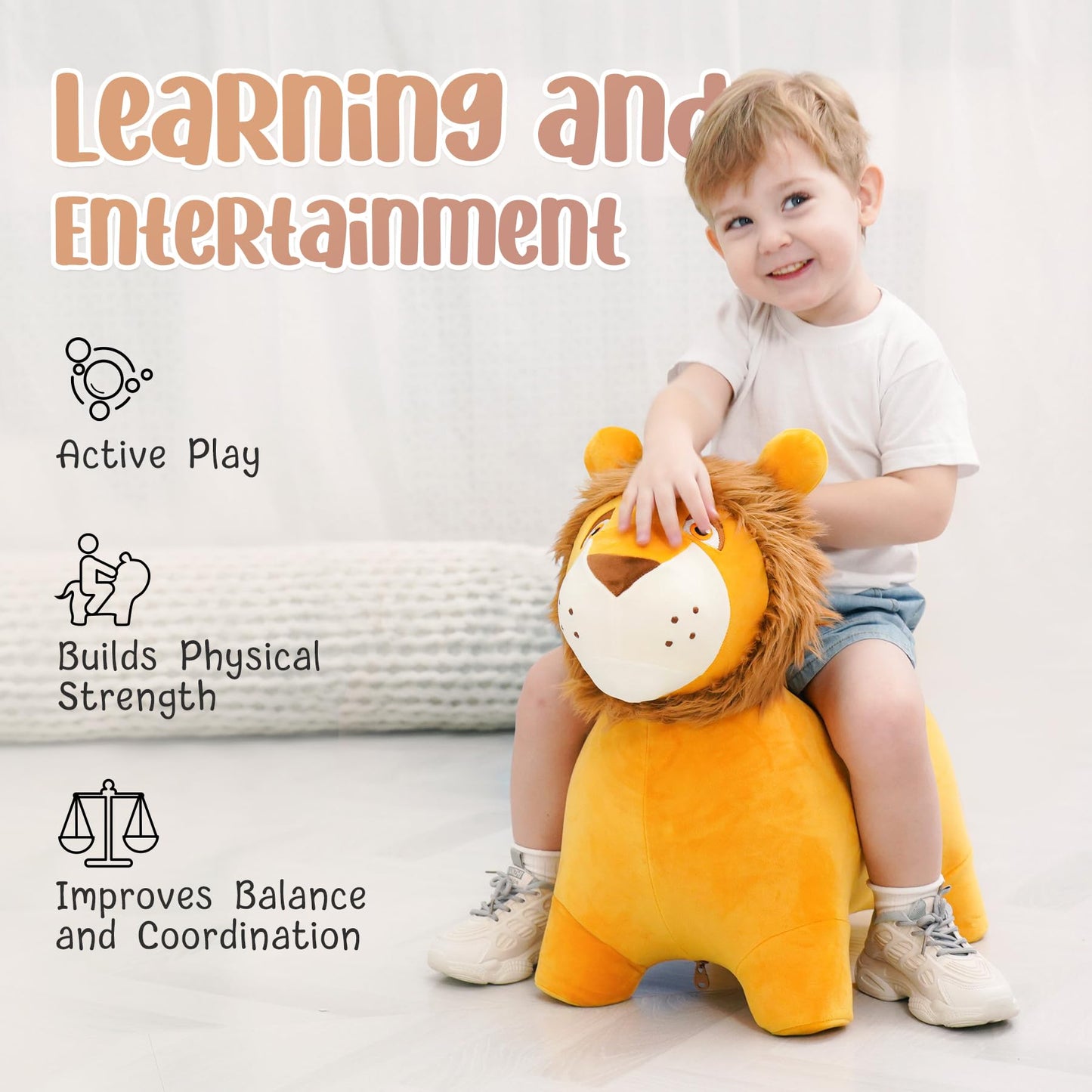 EVERICH TOY Lion Bouncy Horse - Inflatable Plush Hopper for Kids 18 Months-6 Years, Brown, Indoor & Outdoor Fun Ride-On Toy