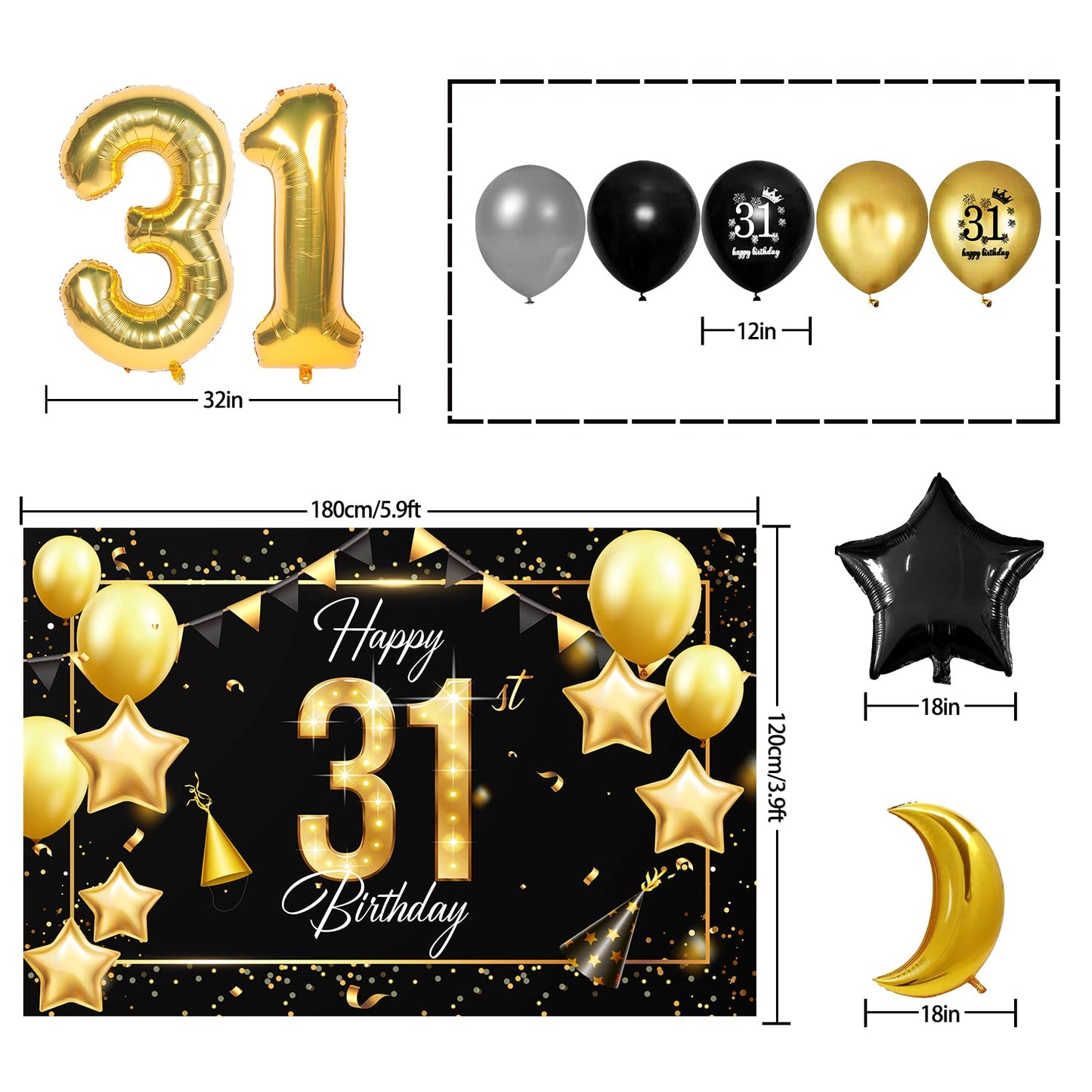 Happy 31St Birthday Balloons Gold Set Decor - Cheers To 31 Years Old Party Theme Garland Star Moon Banner Backdrop Decorations F