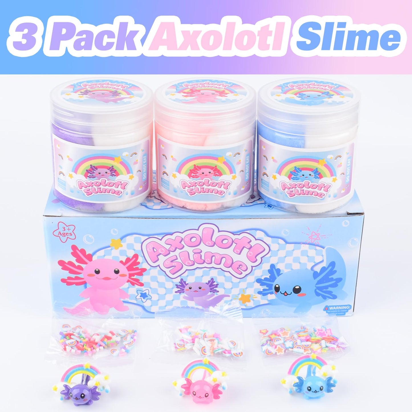 3 Pack Axolotl Cloud Slime, with Pink, Blue, Purple Axolotl Charms, Scented Slime Party Favor for Girls & Boys, Super Soft, Idea
