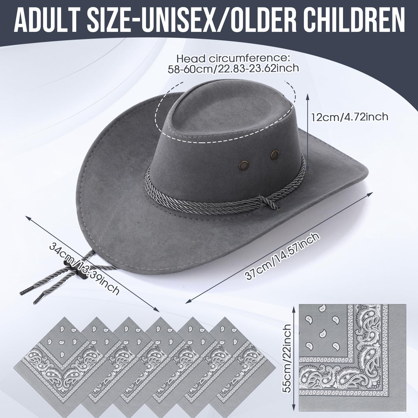 Zhanmai 12 Pcs Cowboy Hat and Bandana Cowboy Cowgirl Hats Bulk Western Party Costume Halloween Accessory(Grey,Polyester)