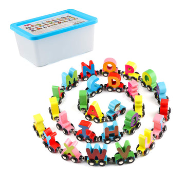 Wondertoys Wooden Alphabet Train Toy 27 Pcs Magnetic Alphabet Abc Letter Train Set Includes 42 Pcs Flash Cards, 1 Engine And 1 Storage Box For Toddlers Kids Boys And Girls