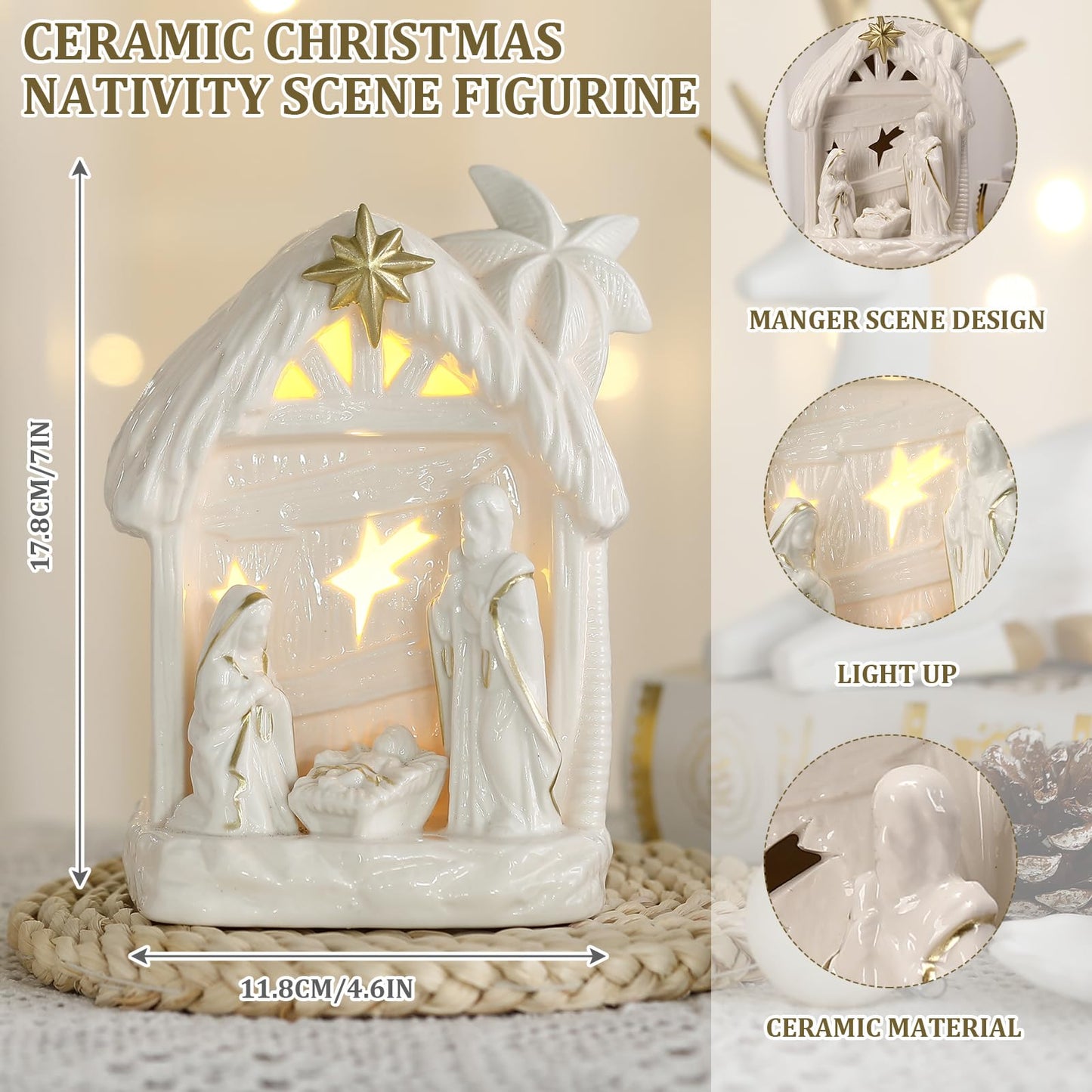 Cindeer Nativity Set for Christmas Indoor,Ceramic Nativity Scene with Light, Porcelain Statue Sculpted Hand Painted Figurine, Ho