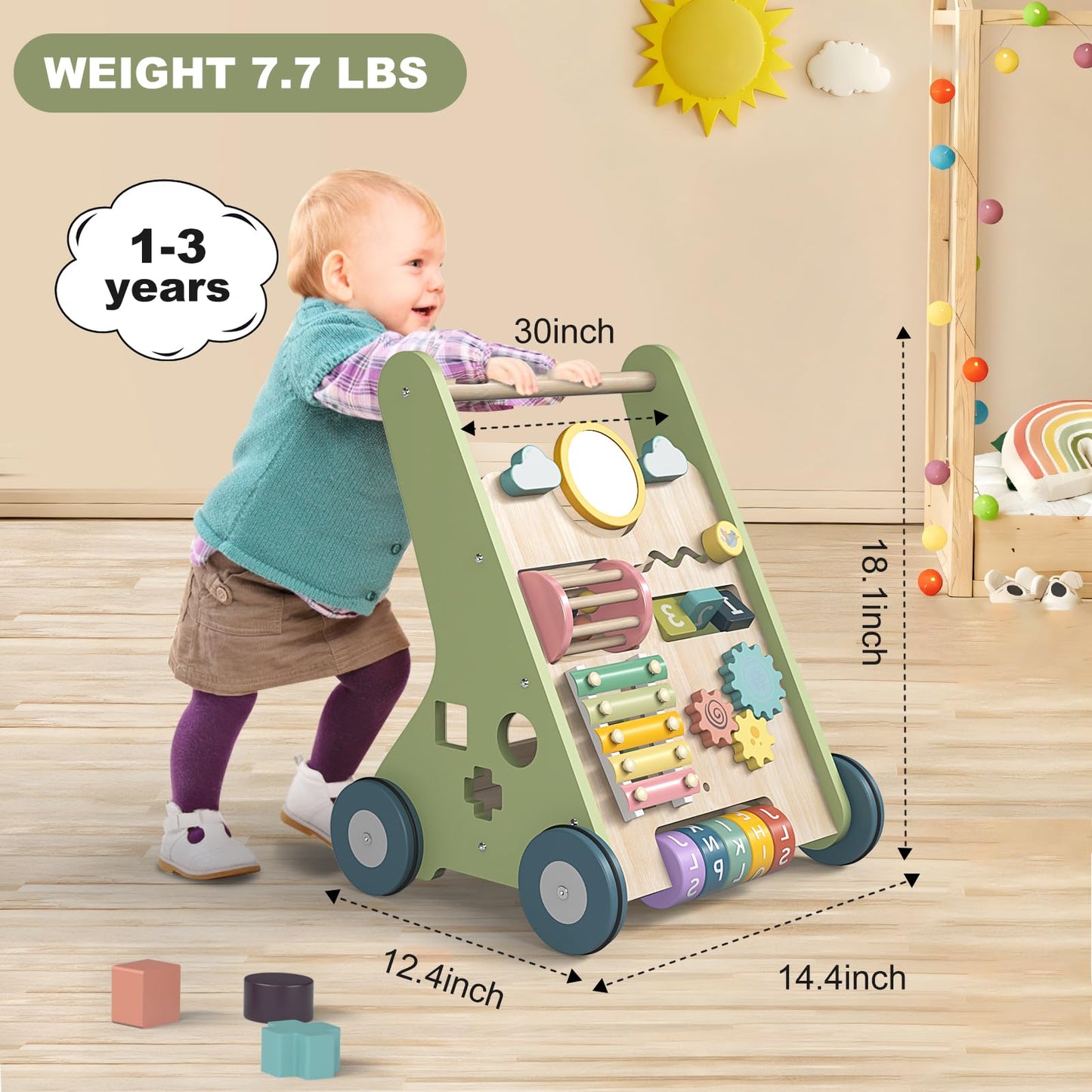 Wooden Baby Walker Wheels,Baby Push Walker For Babies 12 Months+ Montessori,Toddler Walker Push Toy Wooden Activity Walker For B