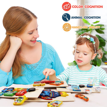 Wooden Puzzles For Toddlers, 4 Pack Wooden Transportation Puzzles Toys Gift For Kids 1-3, Montessori Educational Learning Blocks