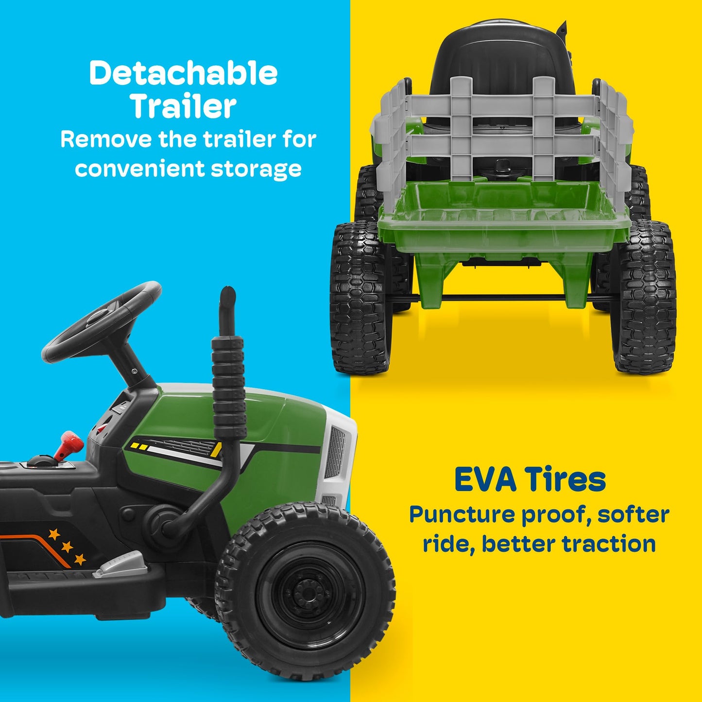 Kidzone 12V7AH enhanced Version w/EVA Treaded Tires Dual 35W Motors Boost Power Torque Remote Control Electric Tractor w/Trailer Toddler Ride On Toy 3-Gear-Shift  7-LED Lights Bluetooth  Dark Green