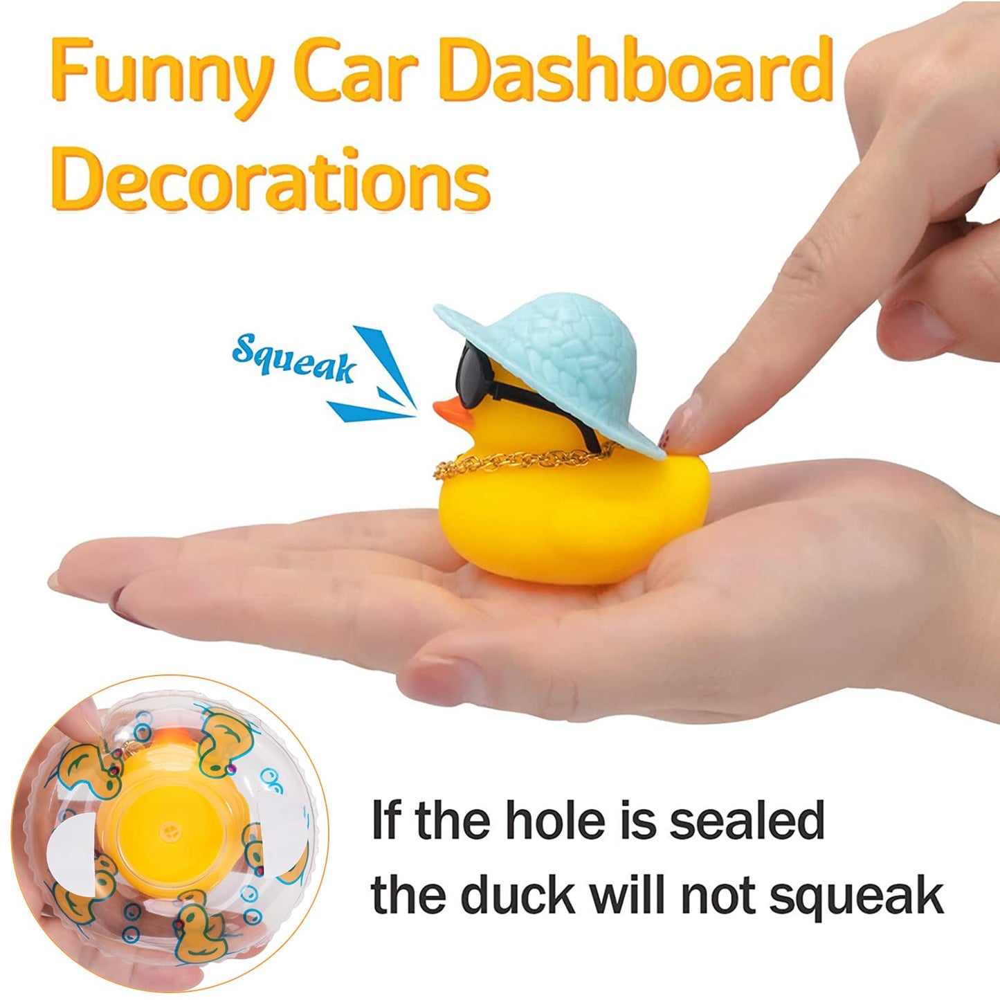 Wonuu Car Rubber Duck, Yellow Duck Decoration Dashboard With Sun Hat Swim Ring Necklace Sunglasses For Car Dashboard Decorations, Black Top Hat-Transparent