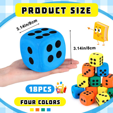 Meooeck 18 Pcs 3.15'' Large Eva Foam Dice Assorted Colors Soft Dot Dice Foam Yard Cubes With Number Dots And Storage Bag For Bui
