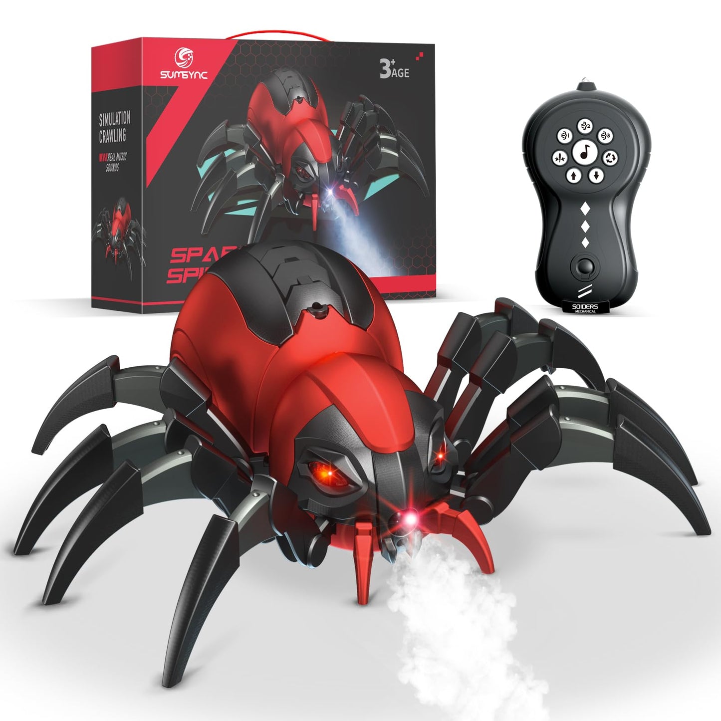 sumsync RC Spider Toy - Realistic Remote Control with Music & LED Light for Kids Age 3-12, Red