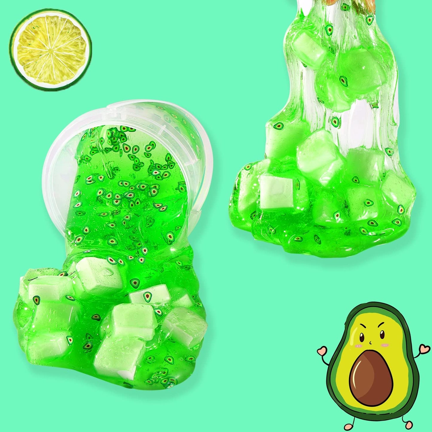 Azeperoy Premade Crystal Slime Set - Green Jelly Cube, Soft & Non-Sticky, Includes 6 Add-ins, Perfect Party Favors for Kids