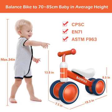 Bammax Baby Balance Bike For 1 Year Old Toddler, Riding Toys For 9-24 Months Boys Girls, No Pedal Infant 4 Wheels Baby Bicycle First Birthday Gift Cute Toddler Bike To Help Baby To Start Riding