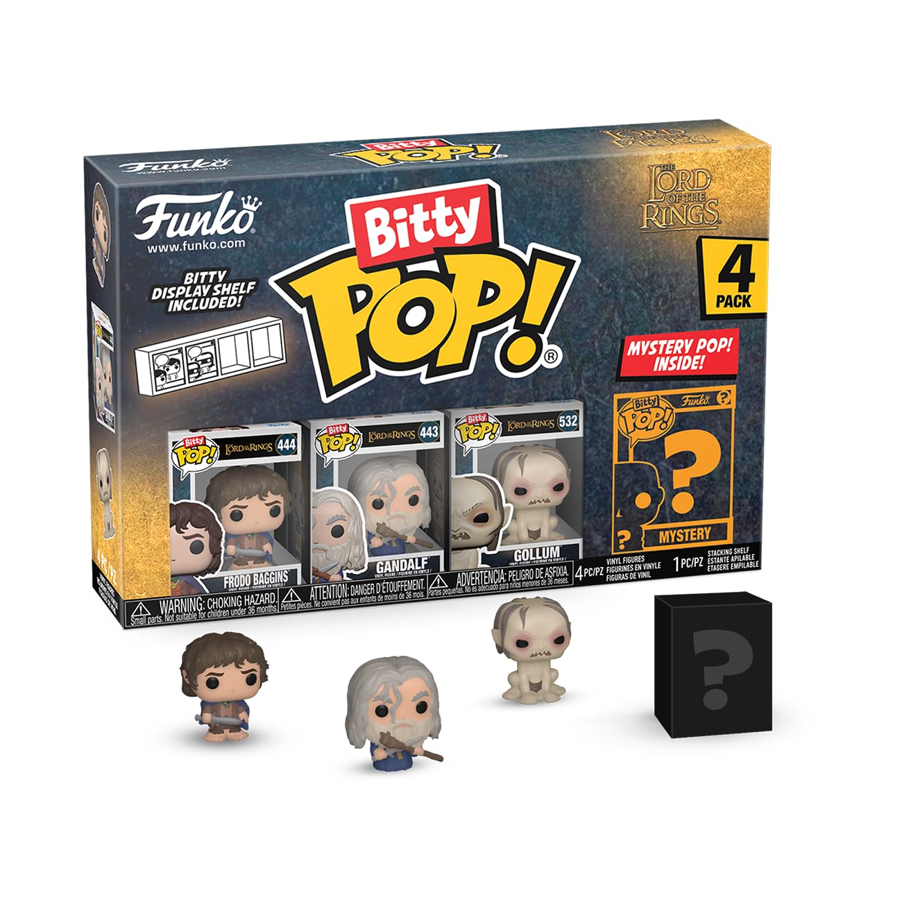 Funko Bitty Pop! Lord Of The Rings - Frodo, 4-Pack And A Surprise Mystery Mini Figure - 0.9 Inch (2.2 Cm) - Lord Of The Rings Collectable - Stackable Display Shelf Included - Gift Idea