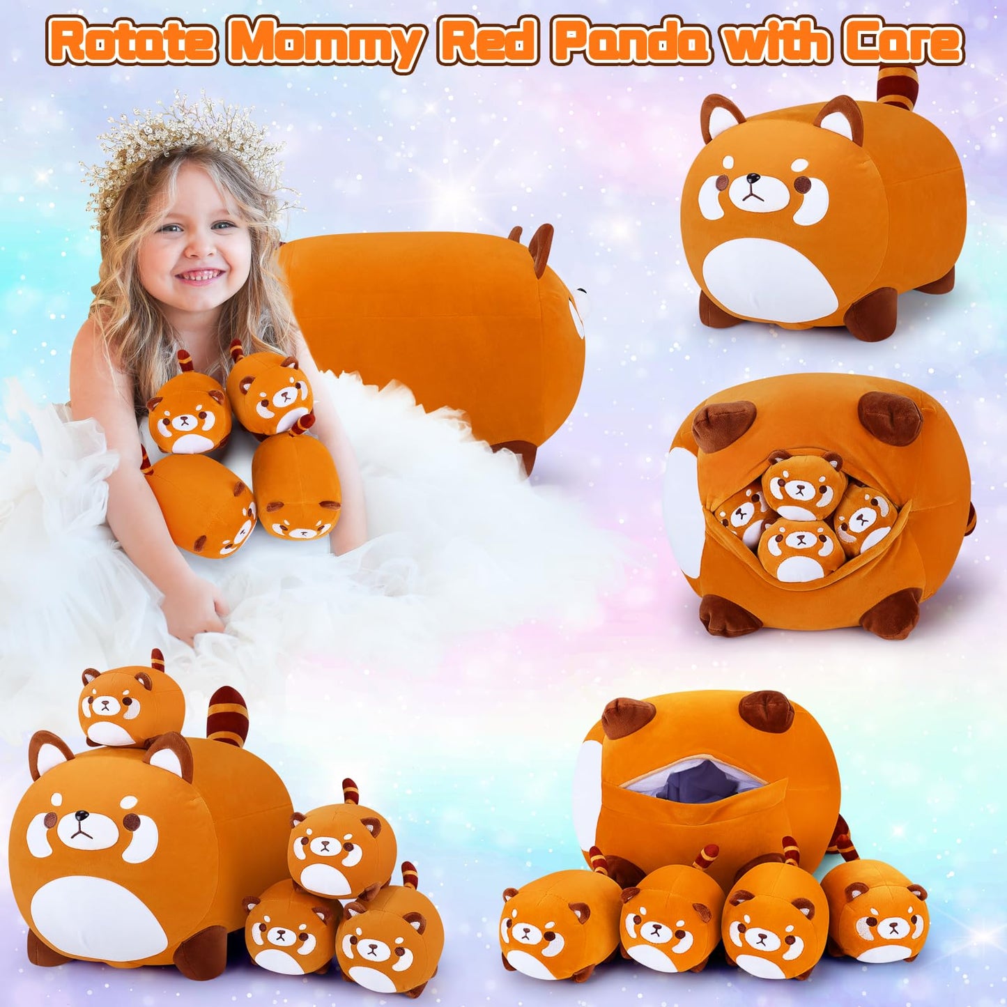 5 Pcs Red Panda Plush Toys-Red Panda Plush Stuffed Animal Family, Cute Red Panda Mommy With 4 Baby Red Panda Plushies For Kids, Kawaii Red Panda Anime Plush Toy Birthday Gifts For Kids Boys Girls
