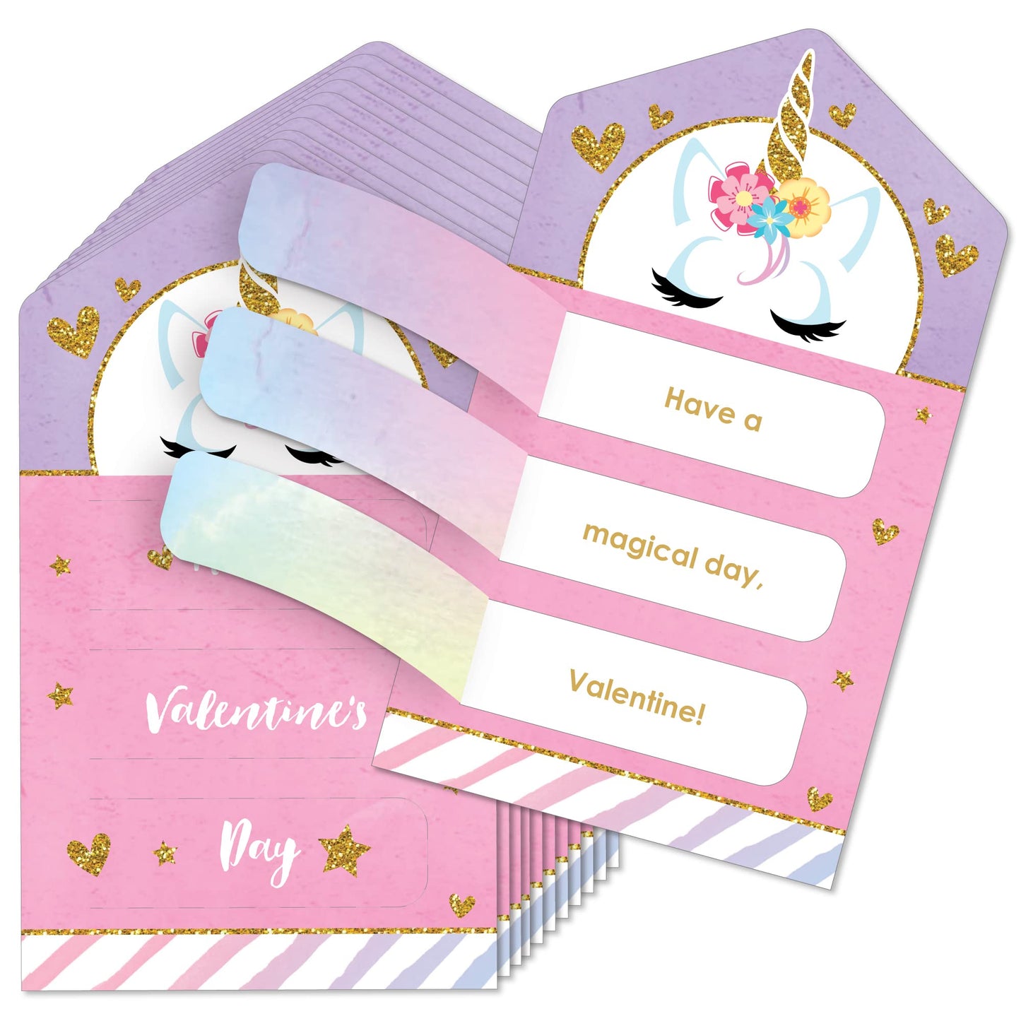 Big Dot Of Happiness Rainbow Unicorn - Magical Unicorn Cards For Kids - Happy Valentines Day Pull Tabs - Set Of 12