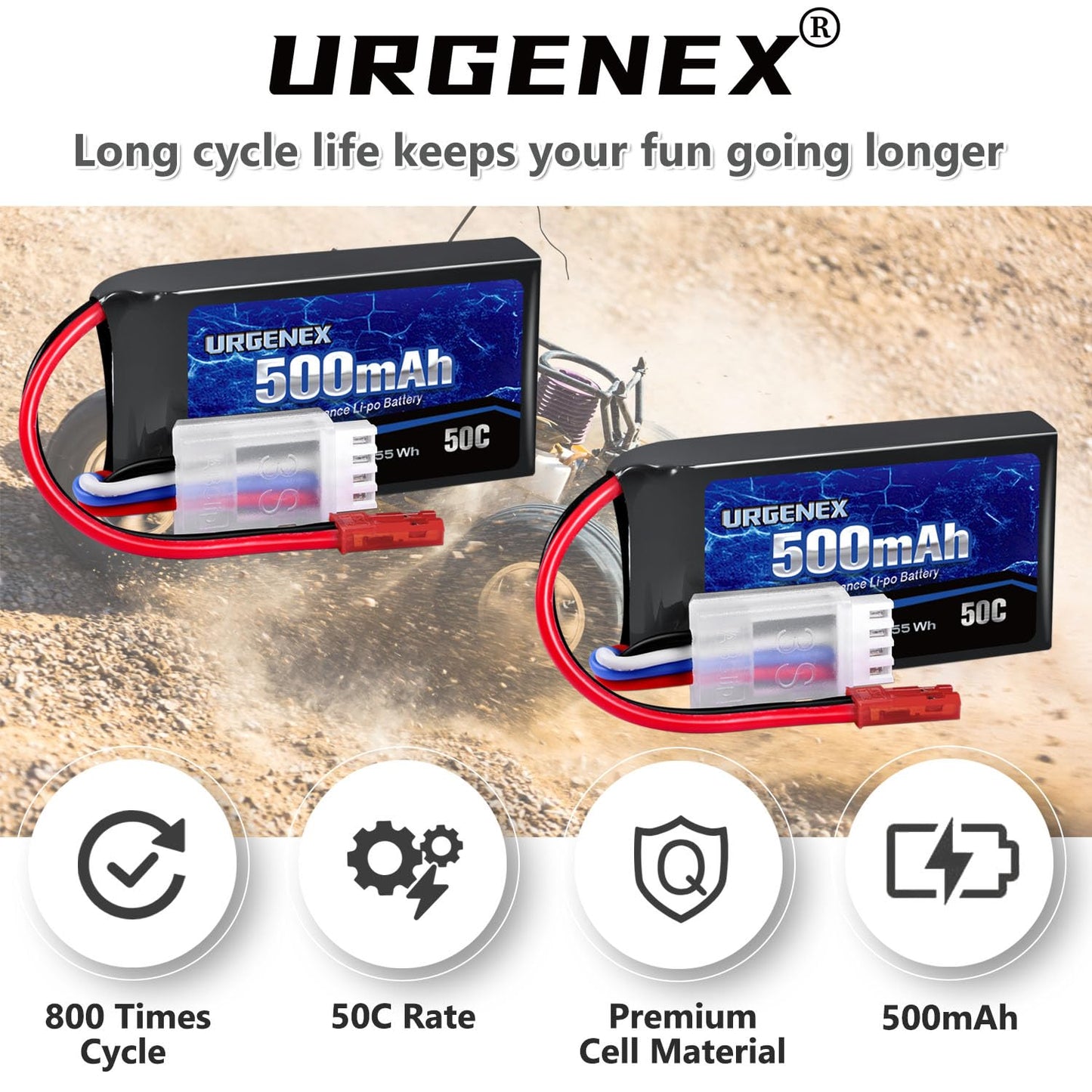 URGENEX 11.1V 500mAh Lipo Battery 3S 50C High Discharge Rate RC Battery Pack with JST Plug Rechargeable Lipos for RC Airplane Ra