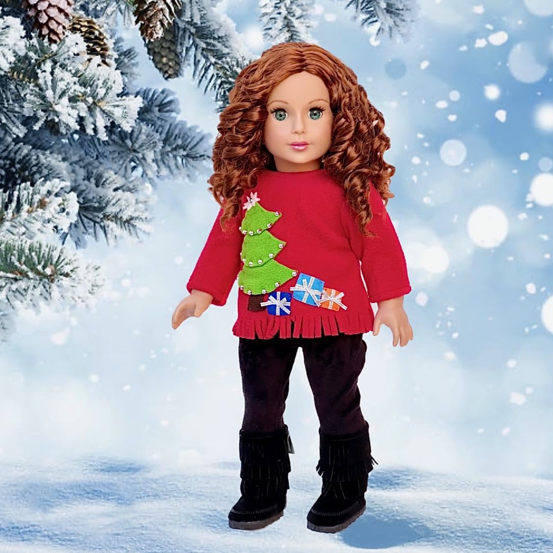 Christmas Sweater - 3 Piece Outfit - Clothes Fits 18 Inch Doll - Red Sweater, Black Pants And Boots. (Doll Not Included)