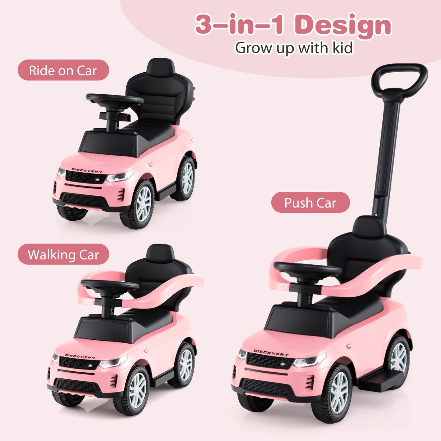 Olakids 3-in-1 Push Car for Toddlers, Pinkish, Safe Guardrails, Under Seat Storage, 33"x16"x37"