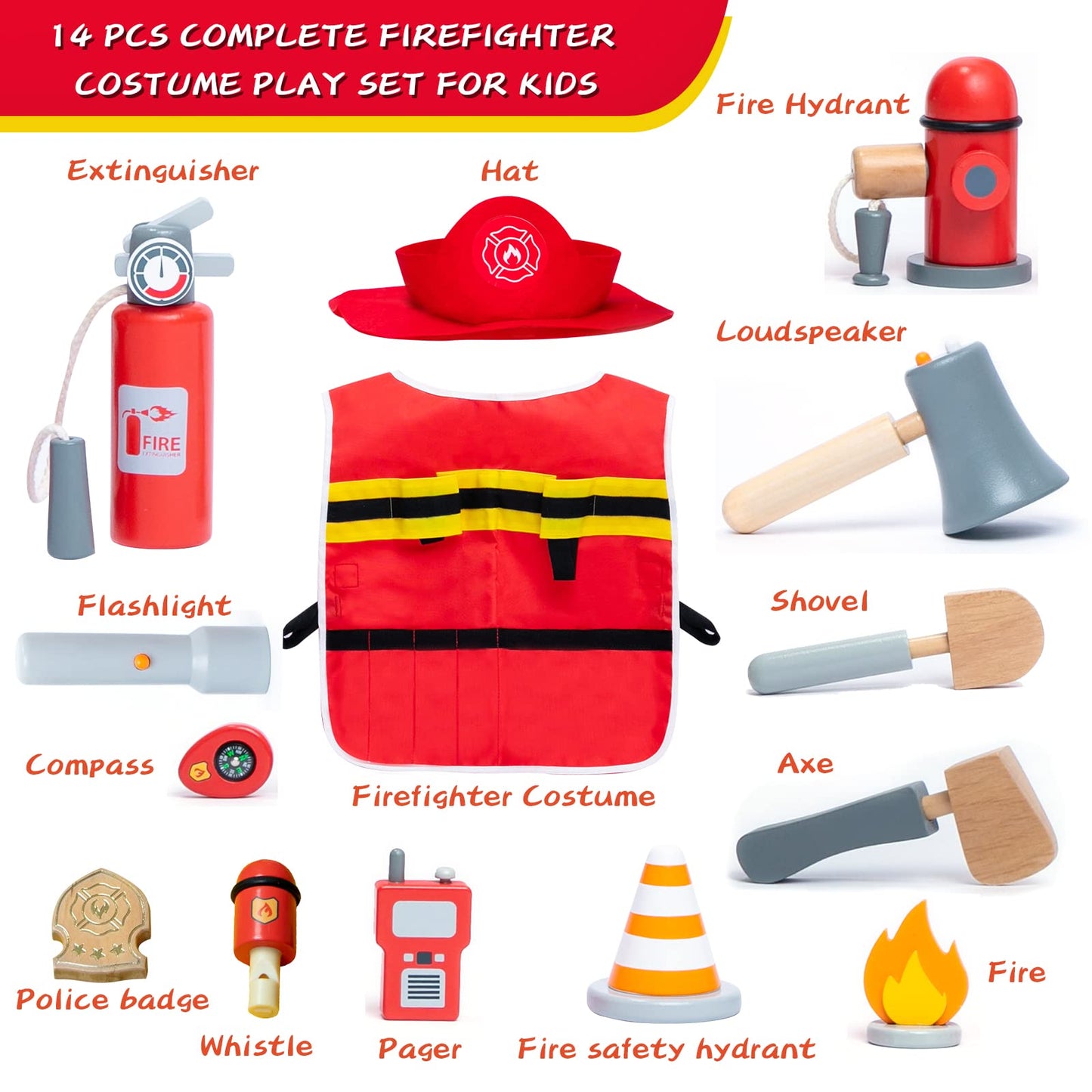 Umu Firefighter Costume For Kids, 14 Pcs Pretend Toy Wooden Fireman Role Play Firefighter Accessories With Fire Extinguisher And