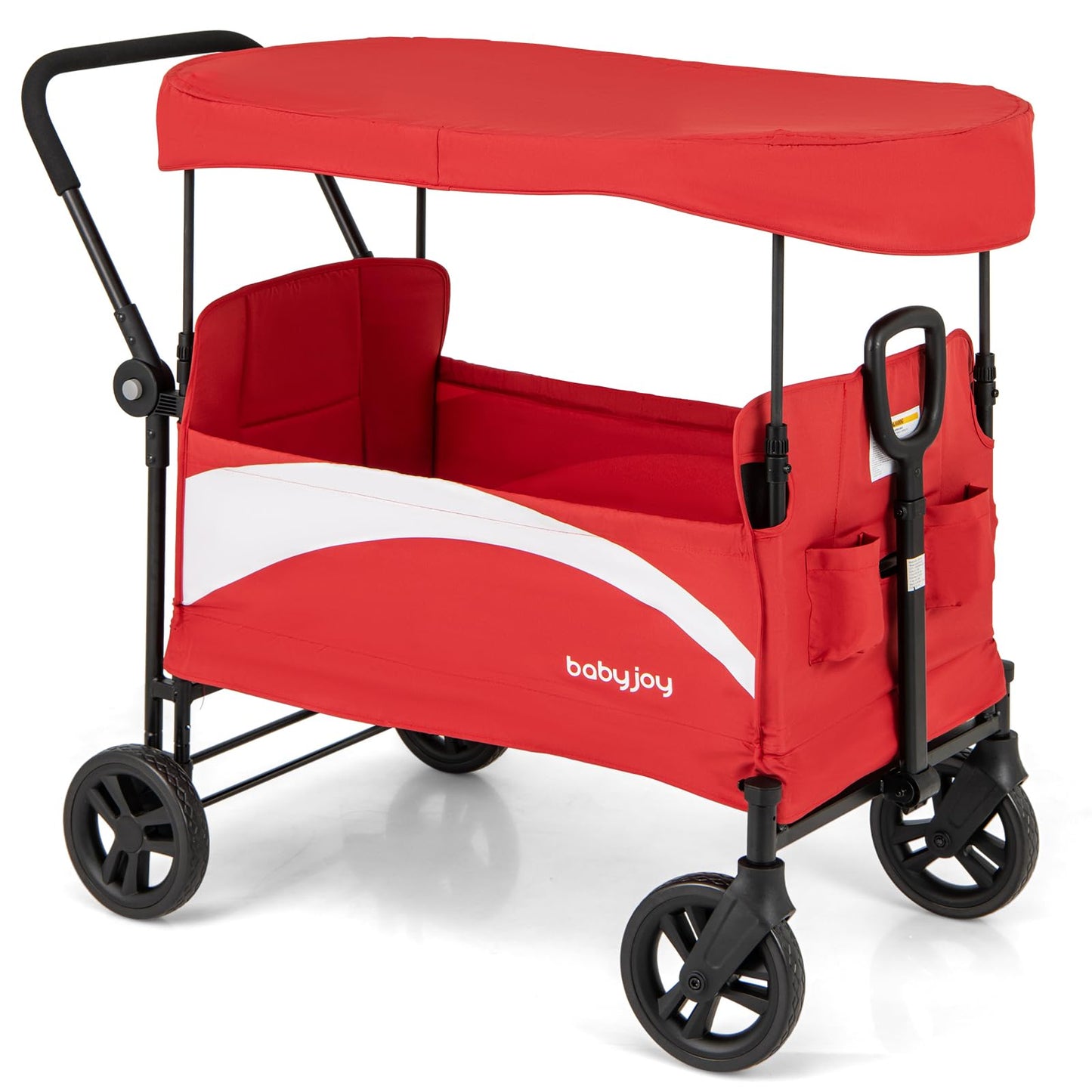 BABY JOY Collapsible Wagon Stroller for 2 Kids & Cargo, Push Pull Double Stroller with Adjustable Handle Bar, Removable Canopy, 