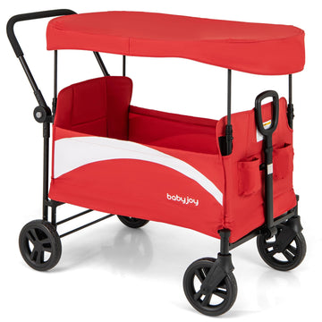 BABY JOY Collapsible Wagon Stroller for 2 Kids & Cargo, Push Pull Double Stroller with Adjustable Handle Bar, Removable Canopy, 