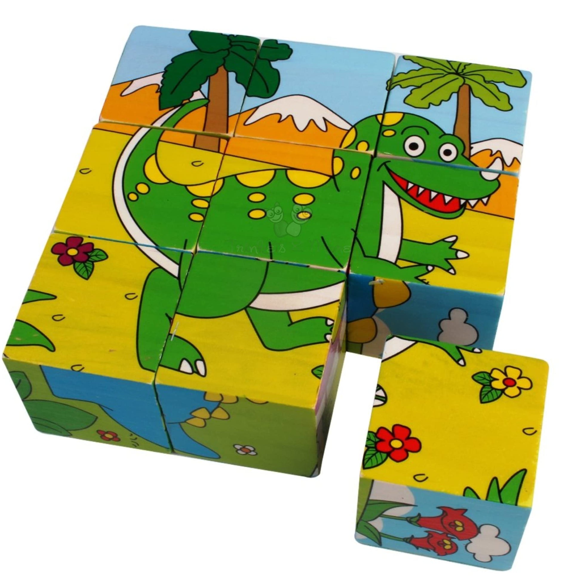 Trinkets & More  3D Jigsaw Puzzle Wooden Cube Block Animals 6 Face 9 Pieces With Storage Tray Kids 3+ Years (Dinosaurs)